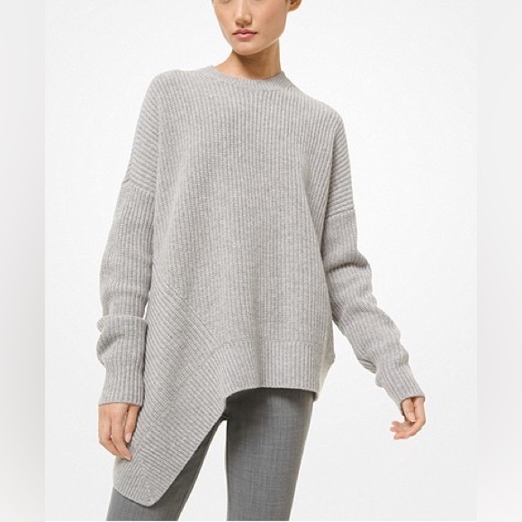 MICHAEL KORS COLLECTION Cashmere Asymmetric Hem Shaker Crewneck Sweater - Picture 15 of 16